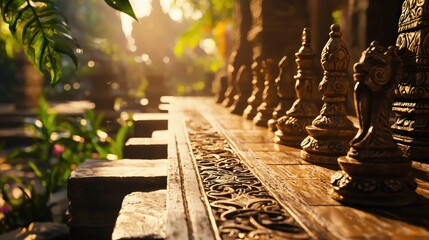 Wall Mural - Sunlit ornate chess pieces on a stone wall.