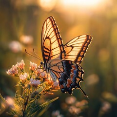 Wall Mural - Golden butterfly on flower at sunset.