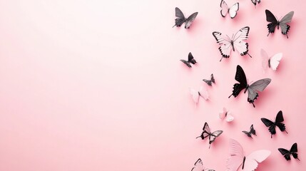 Wall Mural - Pink and Black Butterflies on a Soft Pink Background