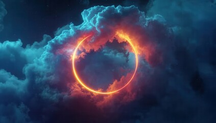 Poster - Fiery Ring in a Night Sky, Surrounded by Luminous Clouds