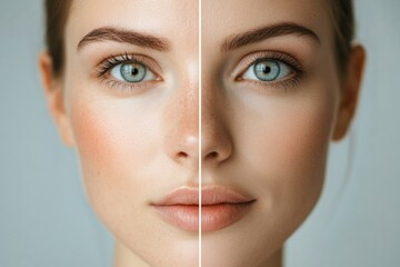 Poster - Womans face comparison showing wrinkled side versus smooth side under natural light conditions in a neutral background setting. Generative AI