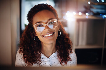 Poster - Happy, night and portrait of businesswoman in office for finance investment proposal for global client. Glasses, laptop and female financial manager with online profit or revenue report for overtime.