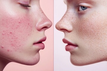 Leinwandbilder - Comparison of acne prone skin and flawless skin to highlight dermatology advancements in skincare. Generative AI