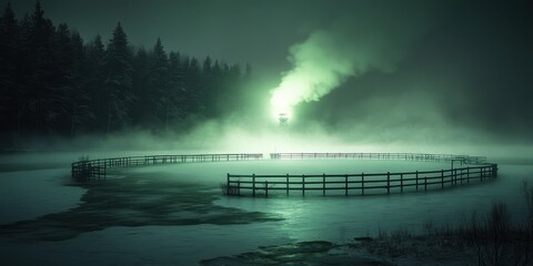Wall Mural - enigmatic winter scene with a green glowing light illuminating a snow-covered park at night