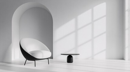 Poster - Modern minimalist white room with designer armchair and coffee table