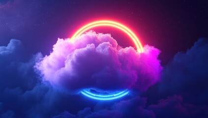 Wall Mural - surreal nightscape with neon light circle encircling a cloud