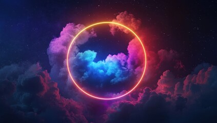 Wall Mural - glowing neon circle in a colorful nightscape