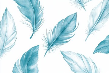 Wall Mural - Soft Blue and White Feathers Floating on White Background