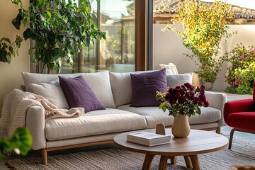Poster - Modern living room interior with beige sofa, wooden coffee table, plants, and flowers.