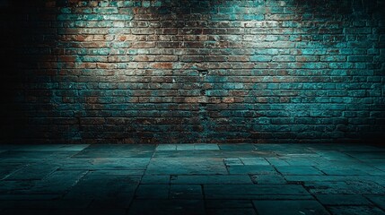 Poster - Dark teal and blue lit brick wall background with stone floor.