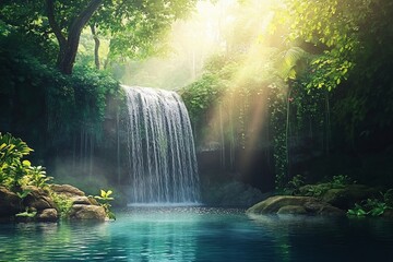 Poster - Serene waterfall cascading into a tranquil pool, surrounded by lush greenery and sunbeams.