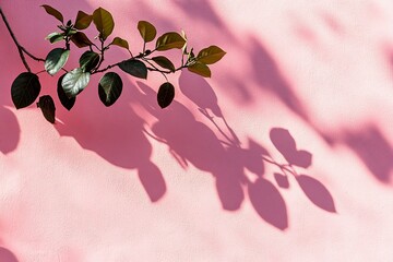 Poster - Branch with green leaves casting shadows on a pink background.