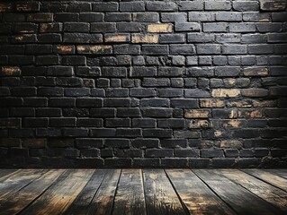 Aufkleber - Dark rustic interior with aged wooden floor and black brick wall.