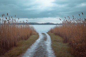 Poster - Serene path through reeds leading to a calm lake under a cloudy sky.
