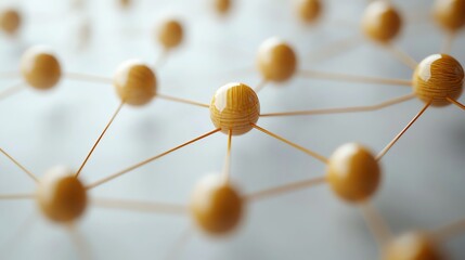 Vibrant strings connecting light brown wooden beads on white background, abstract concept of network connections, collaboration, communication, and innovation