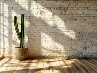 Fototapete - Tall cactus in woven pot against sunlit brick wall.