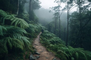 Poster - Person hiking on a misty forest trail surrounded by lush ferns.