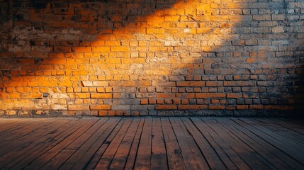 Poster - Sunlight illuminates a rustic brick wall and wooden floor.