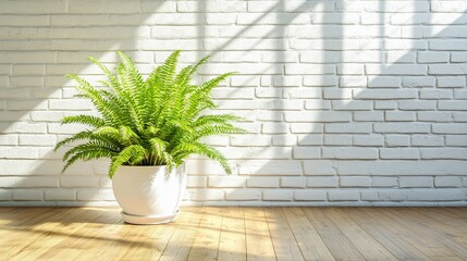 Aufkleber - Lush green fern in white pot against sunlit brick wall.