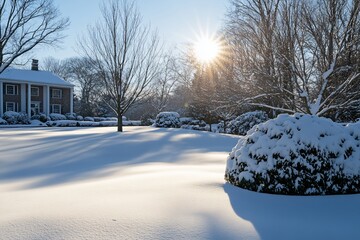 Aufkleber - Sunlit snow-covered lawn, winter house, trees.