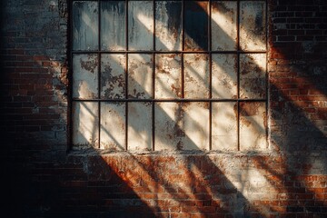 Poster - Sunlight streams through a rusty window in an old brick wall, casting shadows.