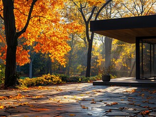 Poster - Sunlit autumn scene with modern architecture and vibrant fall foliage.