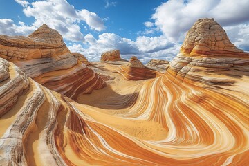 Poster - Vibrant sandstone formations in desert landscape under a partly cloudy sky.