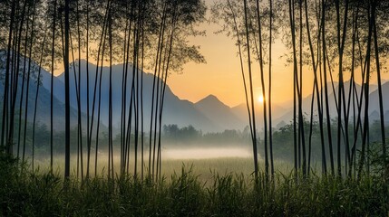 Poster - Misty sunrise over mountains, viewed through tall trees.
