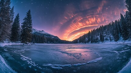 Aufkleber - Stunning winter sunrise over frozen lake, snow-covered mountains, and pine trees.