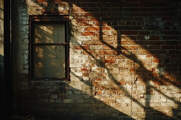 Poster - Sunlight casts shadows on a weathered brick wall with a window.