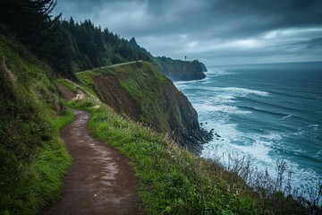 Aufkleber - Coastal hiking trail with dramatic ocean views and cliffside scenery under a stormy sky.