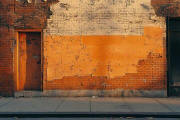 Poster - Weathered brick wall with orange paint, door, and sidewalk.