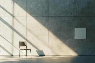 Aufkleber - Sunlit minimalist room with chair and blank canvas.