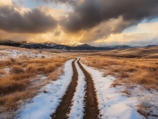 Aufkleber - Snowy mountain road at sunset.