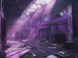 Poster - Sunbeams illuminate a derelict, purple-hued industrial building interior; debris and dust motes fill the air.