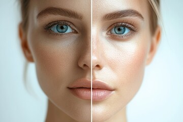 Poster - Split screen representation of aging and youth in a womans facial features showcasing contrast. Generative AI