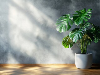 Aufkleber - Sunlit Monstera deliciosa plant in a white pot against a textured gray wall.