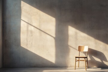 Leinwandbilder - A lone wooden chair sits in a sunlit room with a textured concrete wall, casting shadows.
