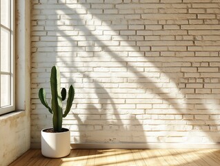 Aufkleber - Sunlit room with white brick wall, wooden floor, and cactus in pot.