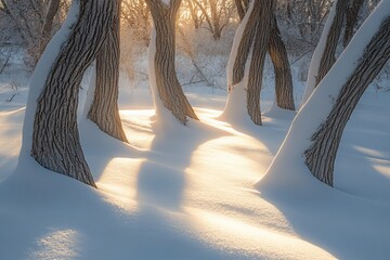 Poster - Sunlit snow-covered trees in winter forest.
