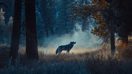 Poster - Lone wolf howling in a mystical foggy forest at dawn.