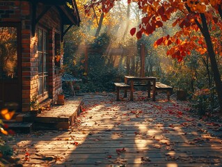 Poster - Sunbeams illuminate autumn leaves scattered on a wooden patio outside a brick house.