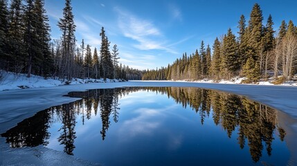 Aufkleber - Calm winter lake reflecting trees and sky.