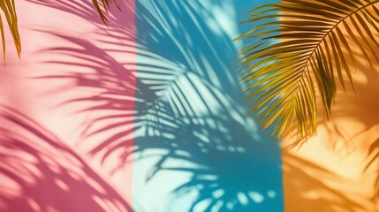 Aufkleber - Palm leaves cast shadows on a pastel-colored wall.