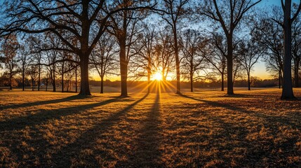 Aufkleber - Majestic sunset casting long shadows through a park's leafless trees.
