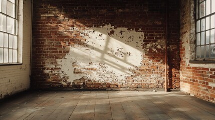 Poster - Sunlit interior of abandoned brick building with exposed walls and wooden floor.