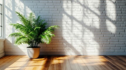 Aufkleber - Sunlit room with potted plant against white brick wall and hardwood floor.