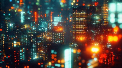 Poster - Futuristic cityscape at night, glowing buildings and lights.