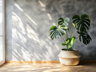 Aufkleber - Monstera deliciosa plant in woven basket against a textured wall, bathed in sunlight.