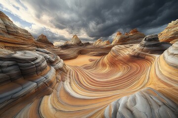 Poster - Dramatic swirling sandstone formations in a desert landscape under a stormy sky.